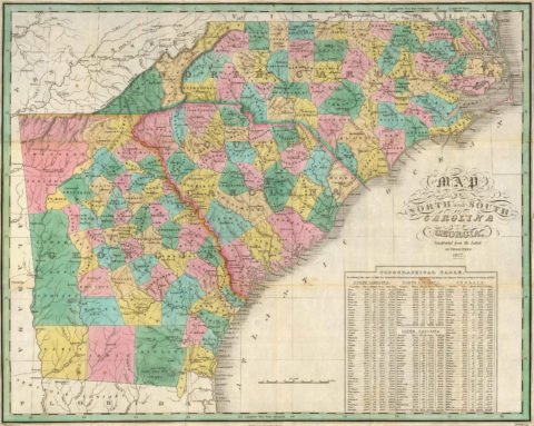 1827 Map of Georgia, North Carolina and South Carolina