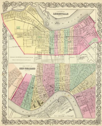 1856 City Map of New Orleans LA with City of Louisville KY