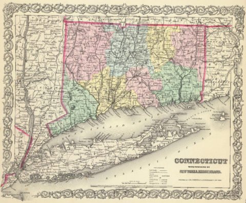 1856 Map of Connecticut With Portions Of New York and Rhode Island