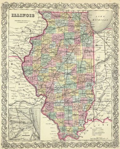 1856 State Map of Illinois with vicinity of Chicago