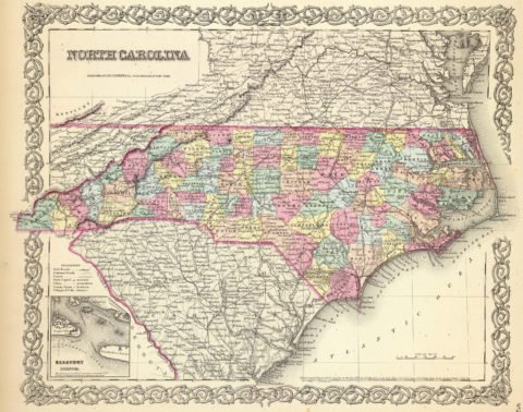 1856 Map of North Carolina with Beaufort Harbor