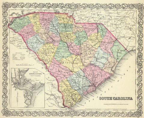1856 Map of South Carolina with Plan of Charleston, Vicinity and Harbor