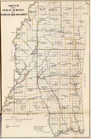 1866 State Map of Mississippi Public Survey Sketches by the Department of Interior Land Office