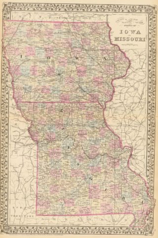 1880 State, County and Township Map of Iowa and Missouri