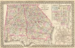 1880 State and County Map of Alabama and Georgia with City of Savannah and City of Atlanta, the capitol of Georgia