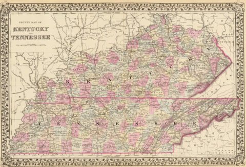 1880 State and County Map of Kentucky and Tennessee
