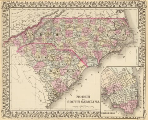 1880 State and County Map of North and South Carolina with Plan of Charleston