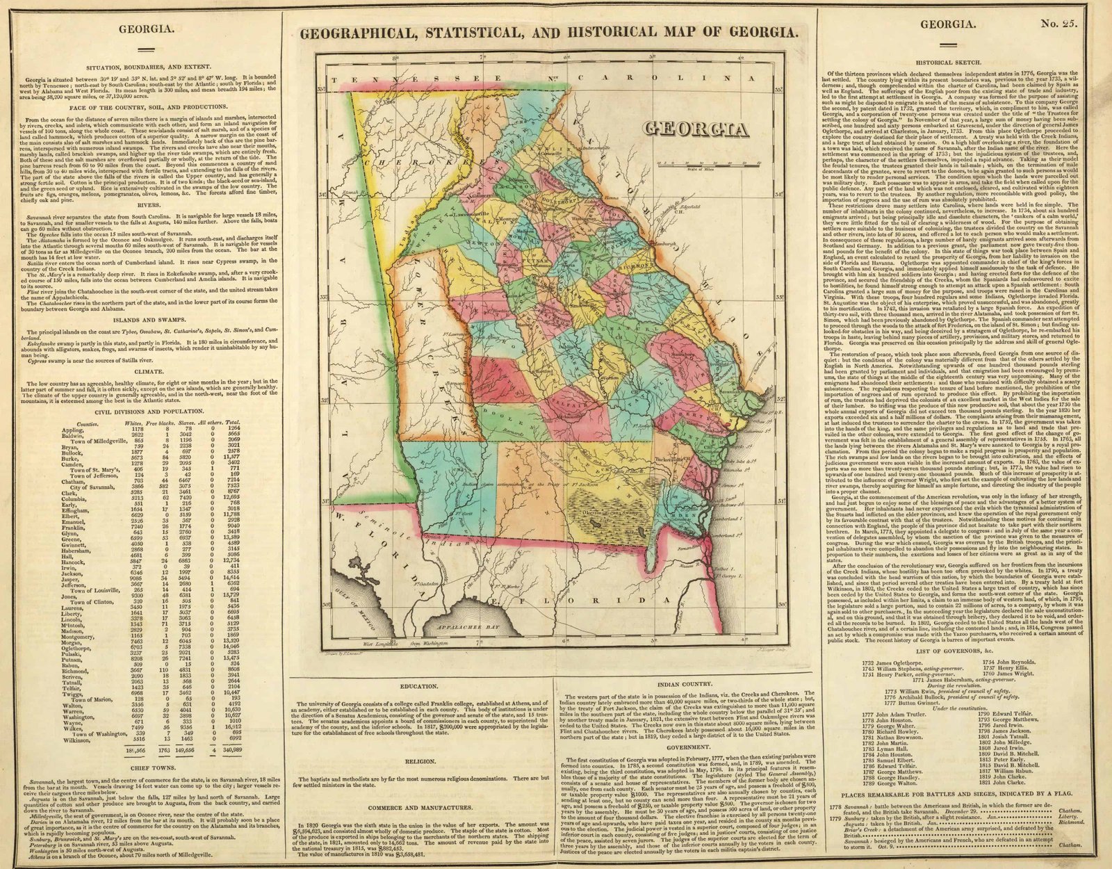 1855 GA MAP APPLING ATKINSON BACON BAKER BALDWIN BANKS BARROW BARTOW COUNTY huge 