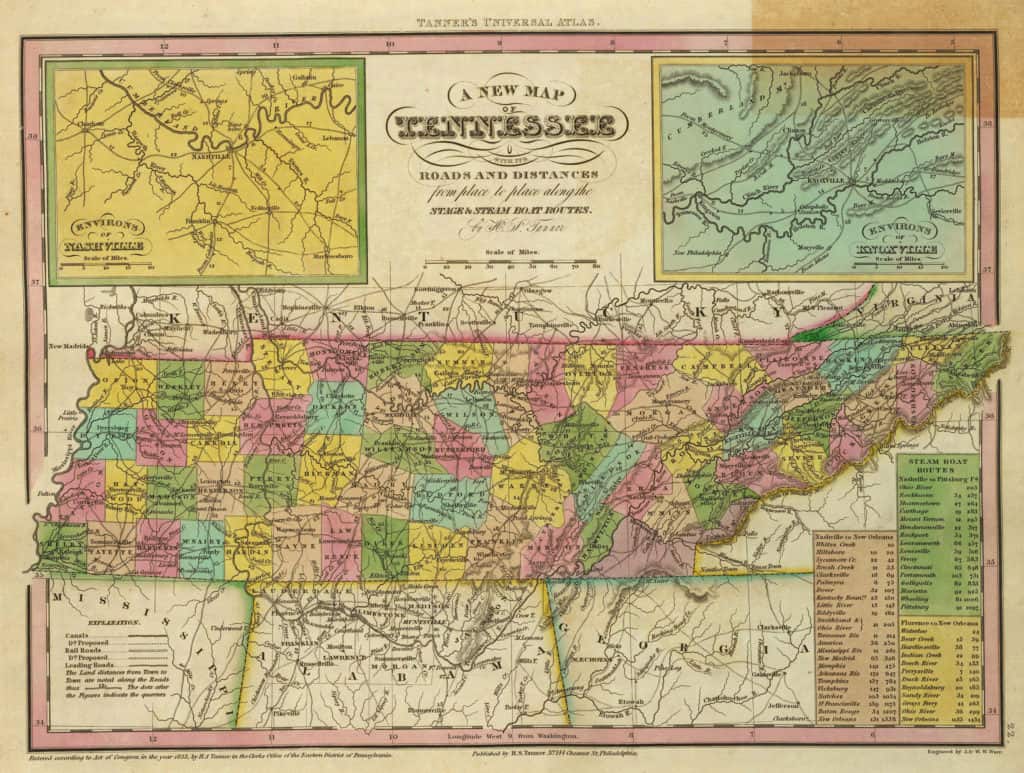 Old Historical City, County and State Maps of Tennessee