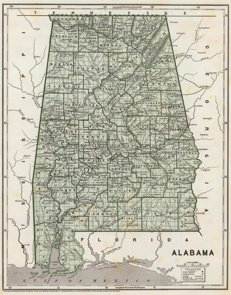 Old Historical City, County and State Maps of Alabama