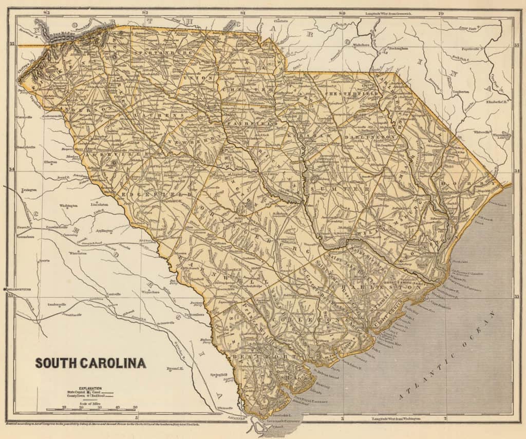 Old Historical City, County and State Maps of South Carolina