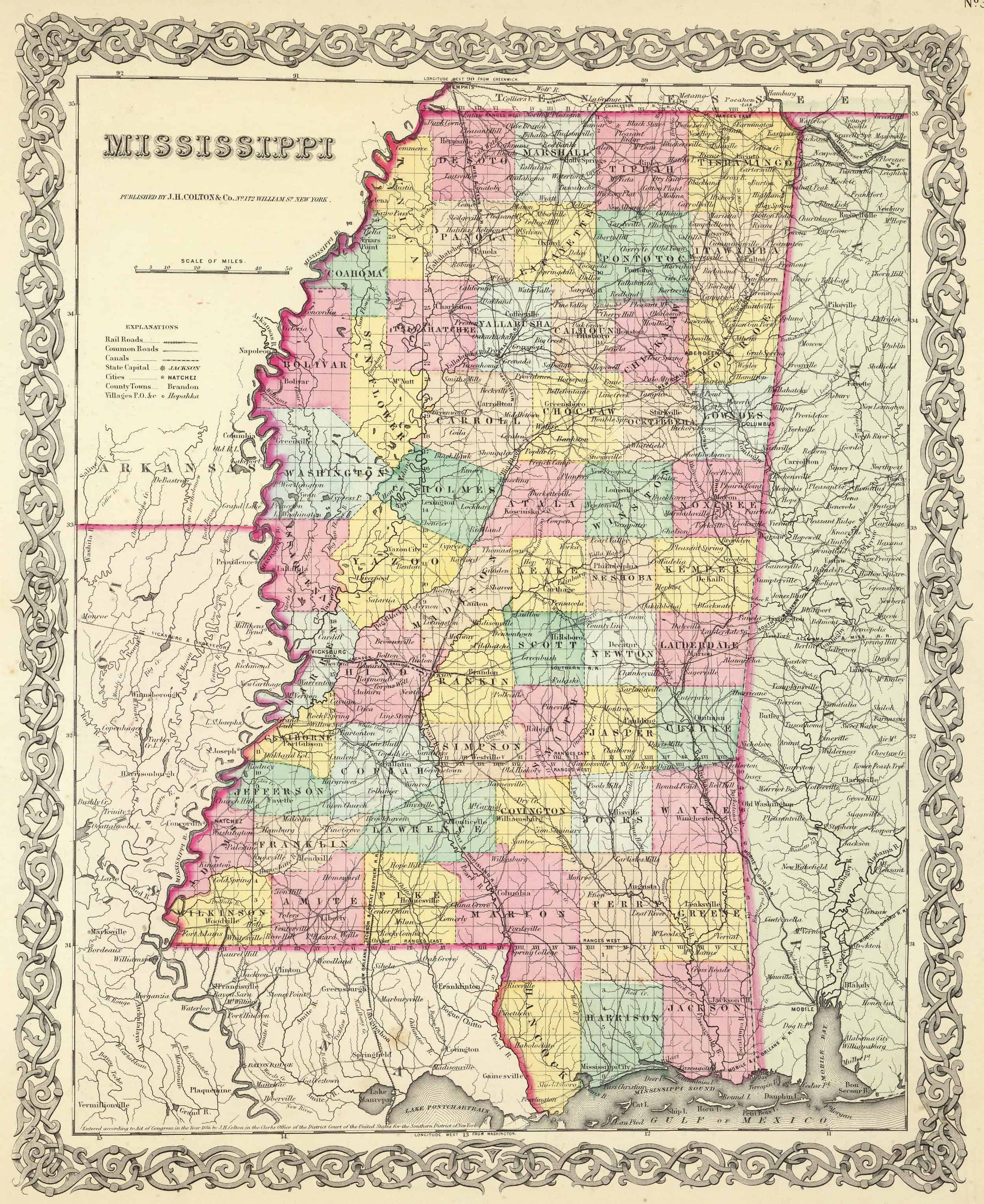 Old Historical City, County and State Maps of Mississippi