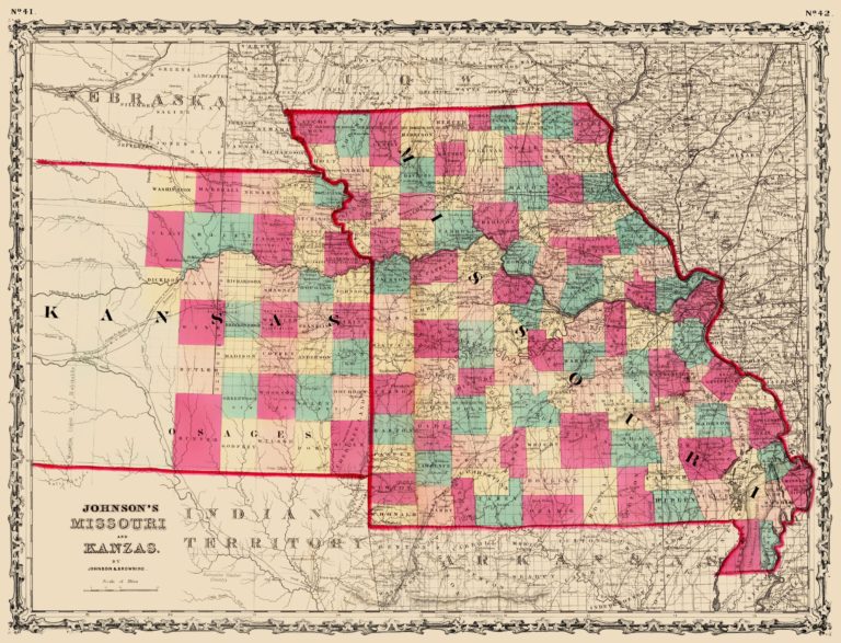 Old Historical City County And State Maps Of Kansas   1860 Map Of Kansas And Missouri 768x587 