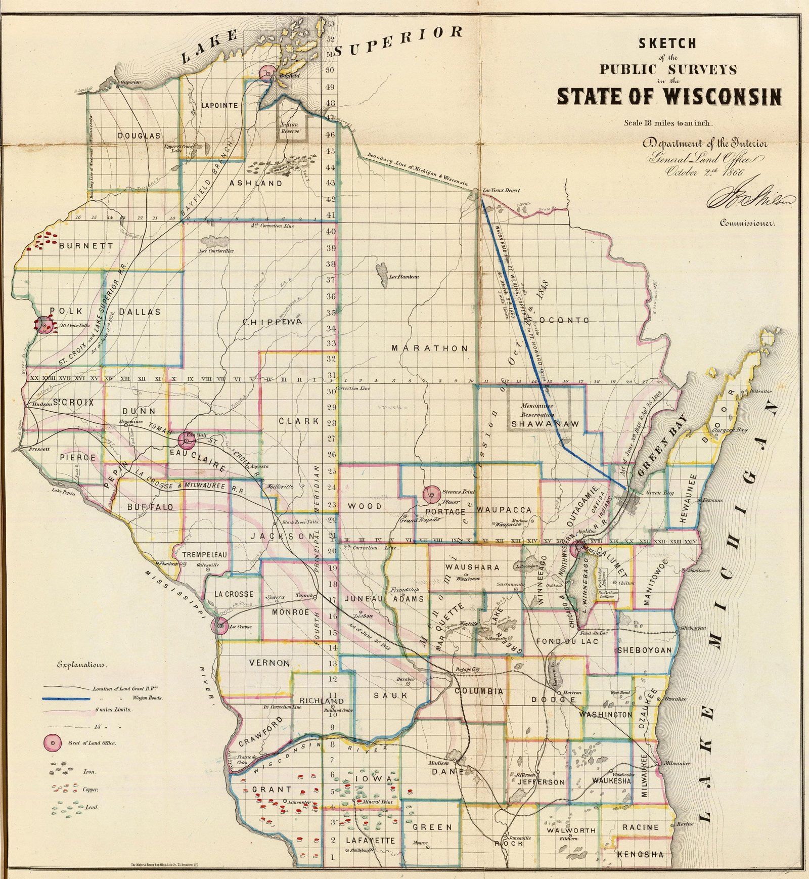 1864 WI MAP MARINETTE MARQUETTE MENOMINEE MILWAUKEE MONROE OCONTO COUNTY History 