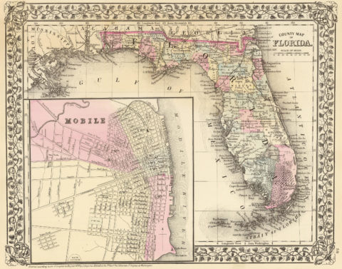 1880 State and County Map of Florida with City of Mobile