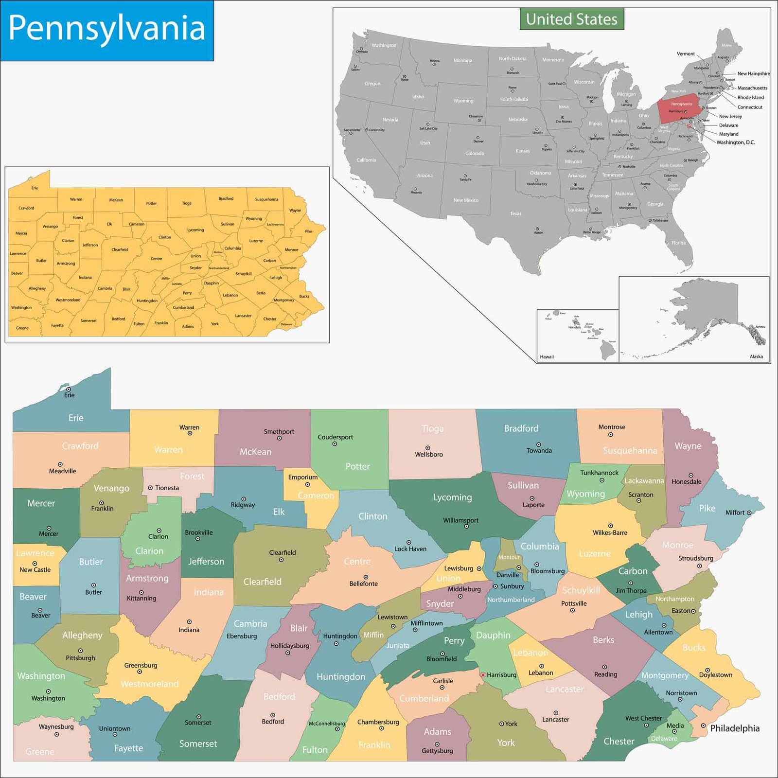 Old Historical City, County and State Maps of Pennsylvania from 1673