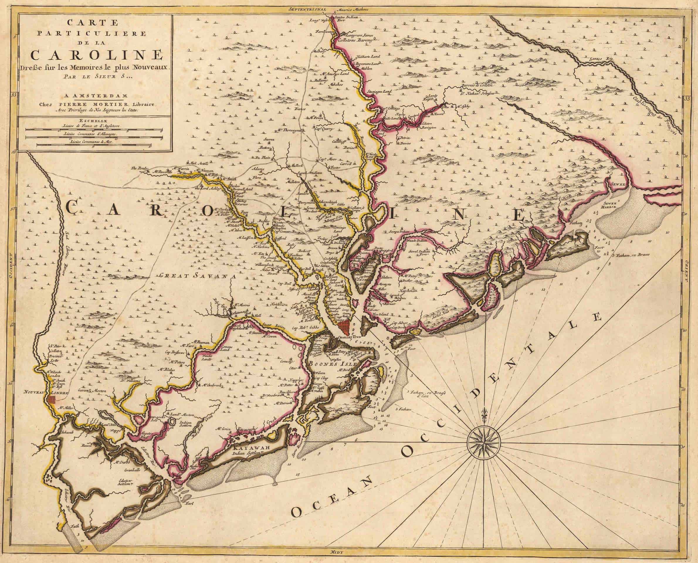1708 Map of Charleston, South Carolina and surrounding areas