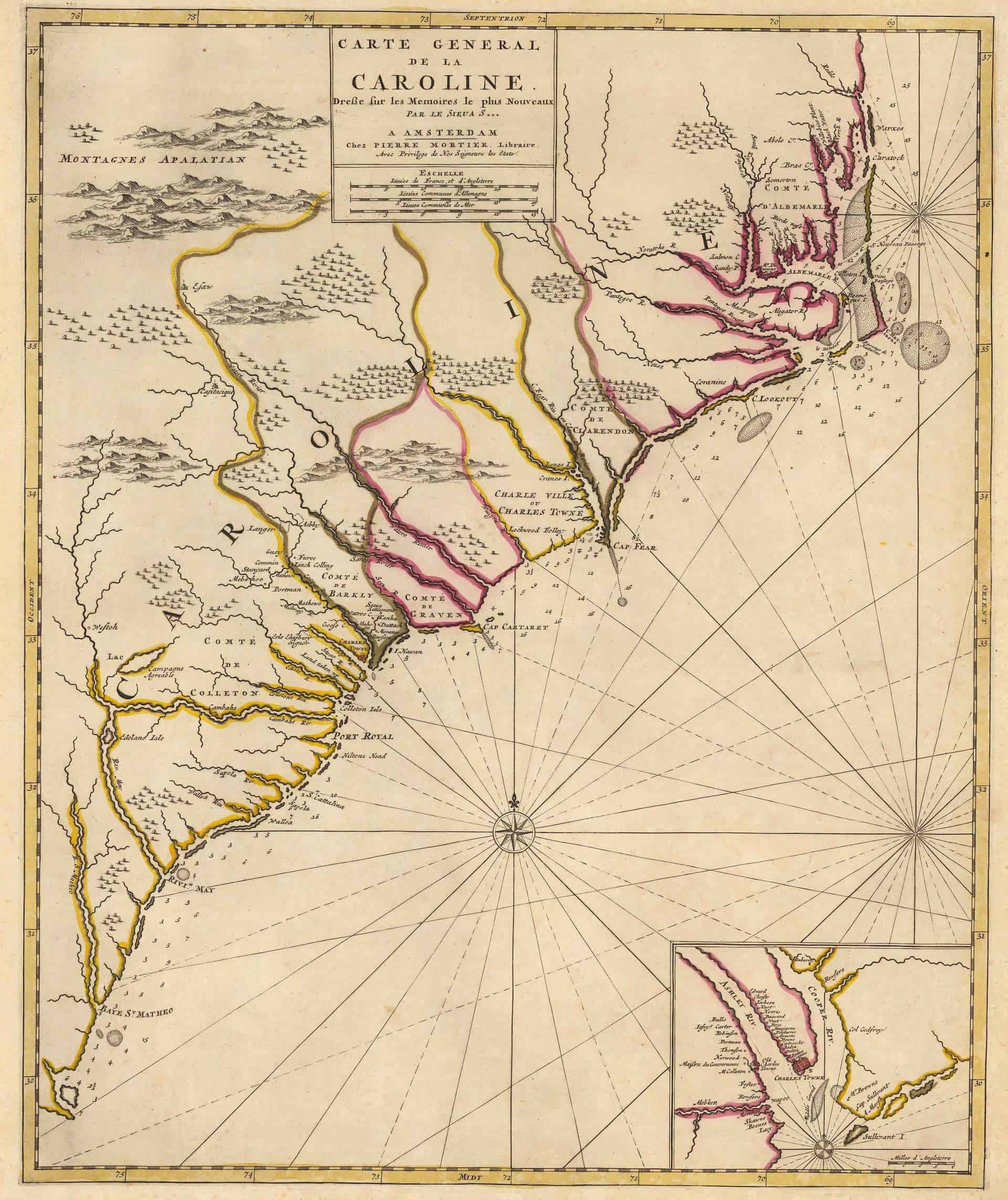1708 Map of South Carolina and 4 original Counties