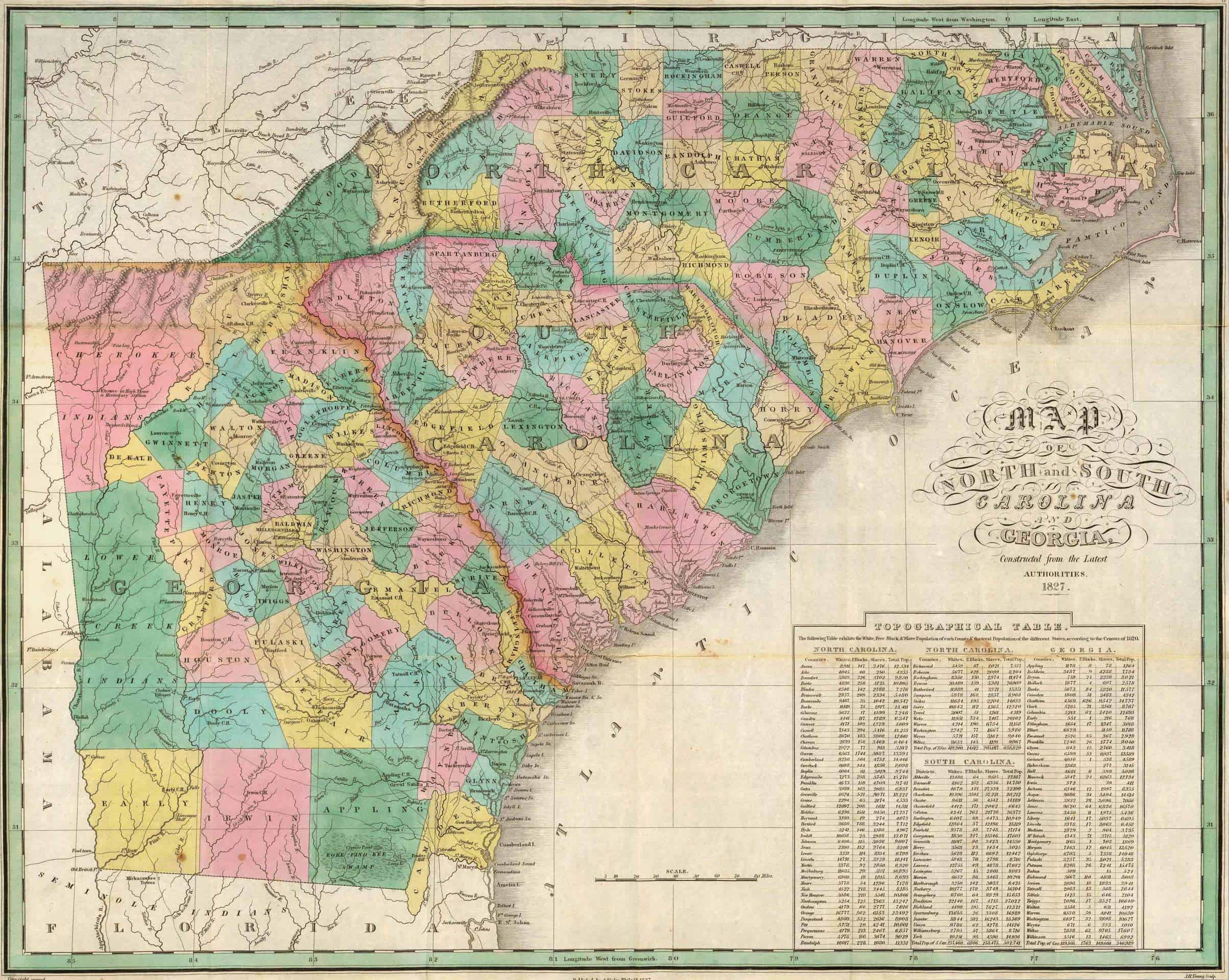 1827 Map of South Carolina, Georgia and North Carolina