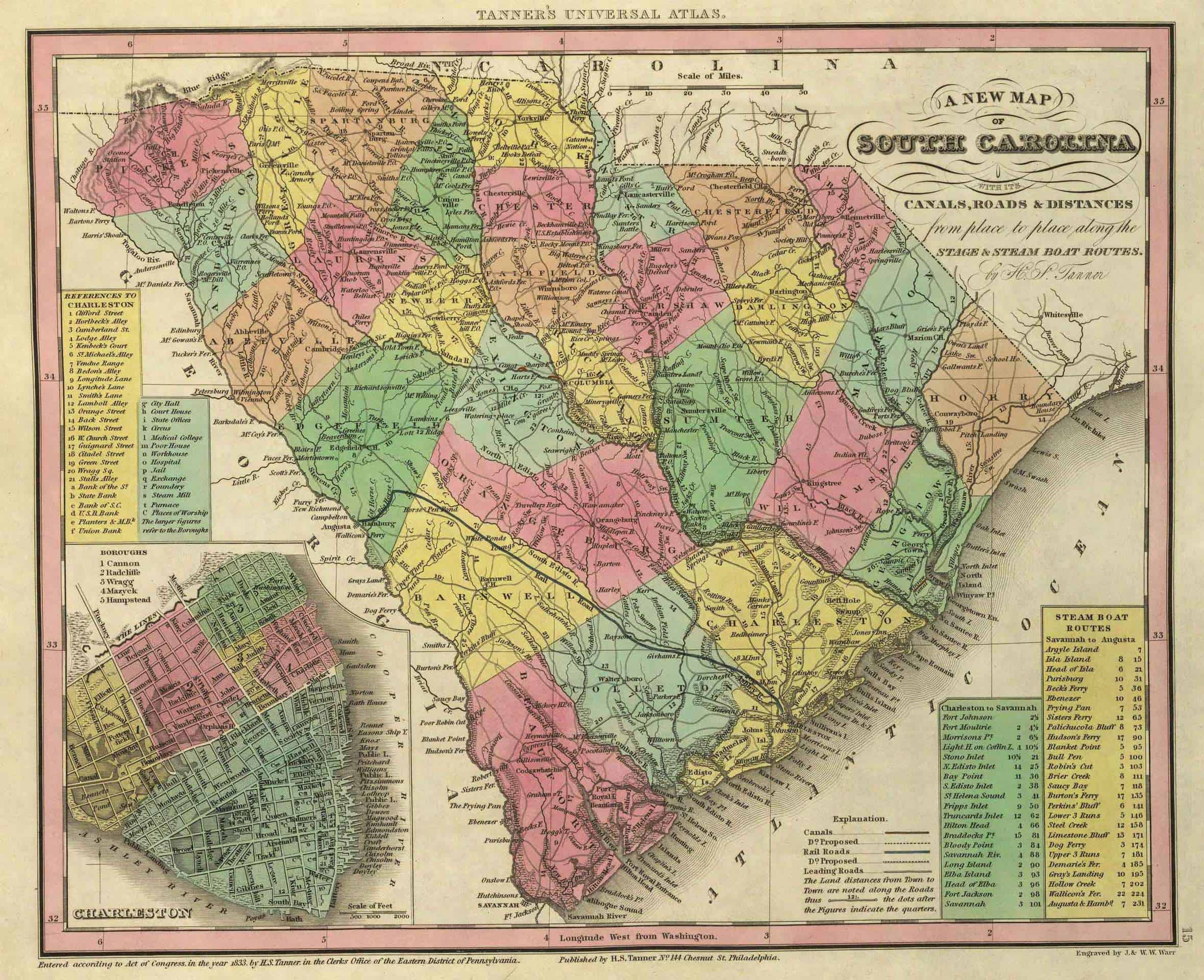1836 Map of South Carolina With Its Canals, Roads & Distances from place to place, along the Stage & Steam Boat Routes to Charleston