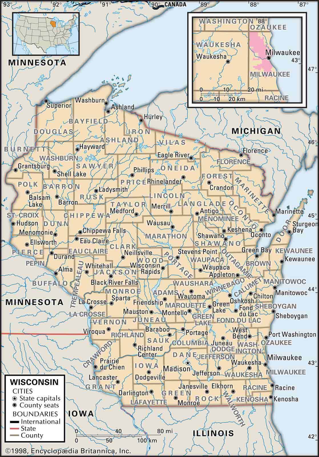 Map of Wisconsin state with the counties and the county seats Map of Wisconsin state with the counties and the county seats