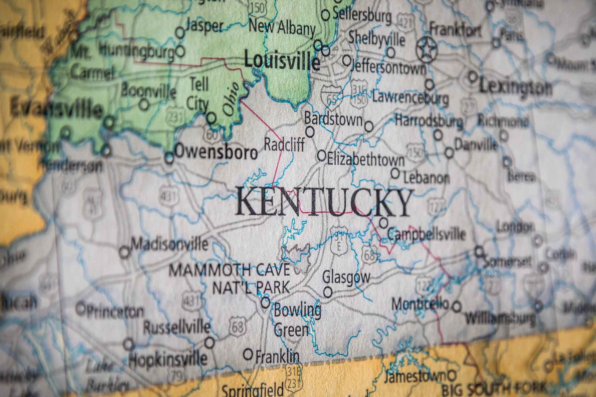 Closeup Selective Focus Of Kentucky State On A Geographical And Political State Map Of The USA 