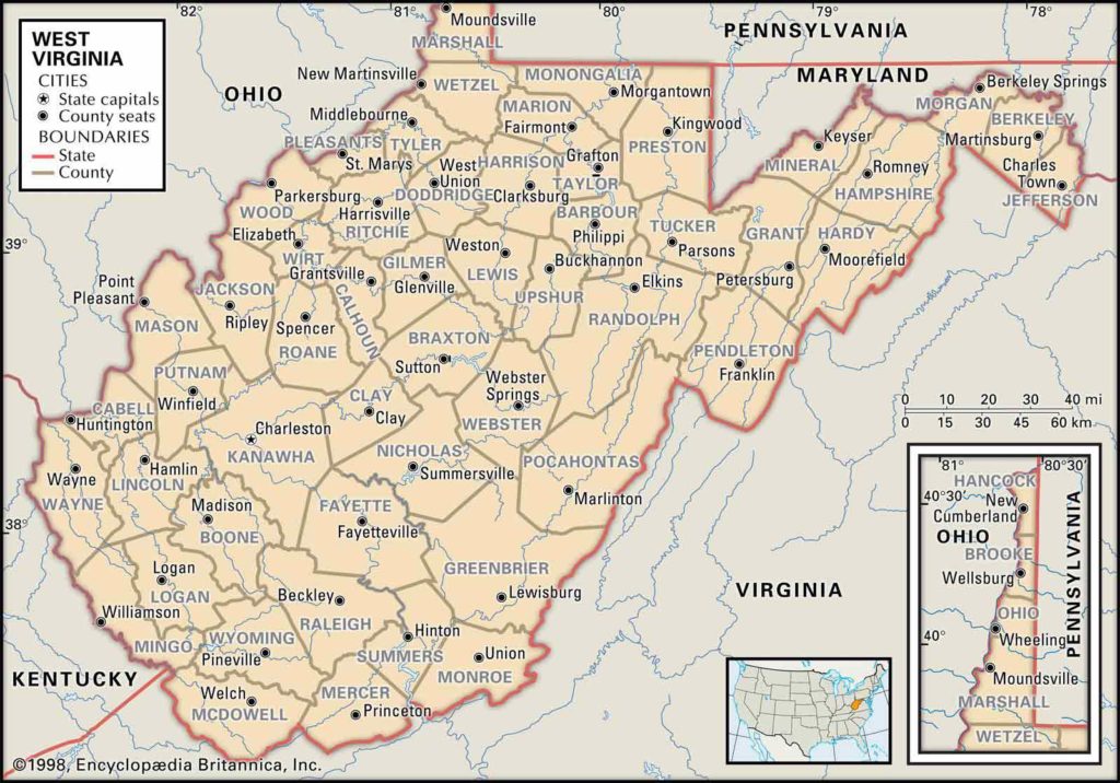 Old Historical City, County and State Maps of West Virginia