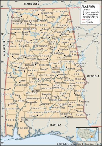 State Map of Alabama with the counties and the county seats