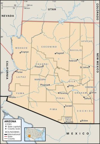 State Map of Arizona with the counties and the county seats