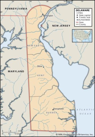 State Map of Delaware with the counties and the county seats