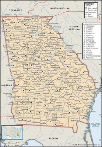 State Map of Georgia with the counties and the county seats