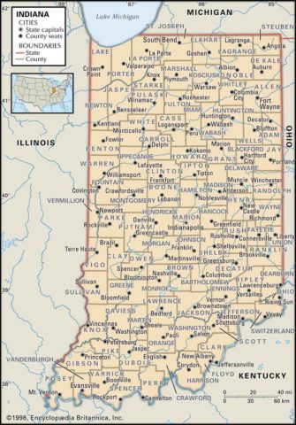 State Map of Indiana with the counties and the county seats