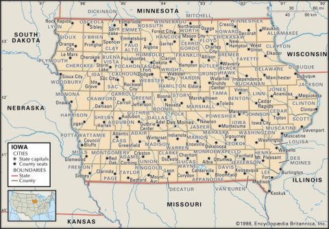 State Map of Iowa with the counties and the county seats