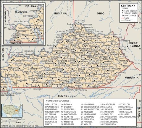 State Map of Kentucky County Boundaries and County Seats