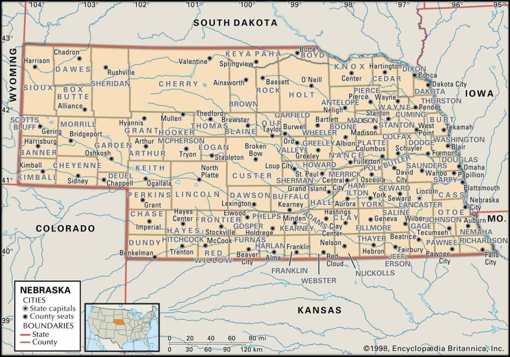 Old Historical City, County and State Maps of Nebraska