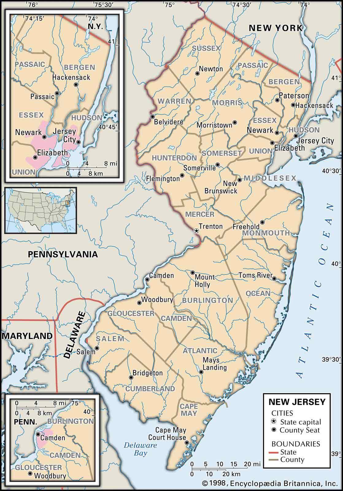 Map Of New Jersey County Boundaries And County Seats 