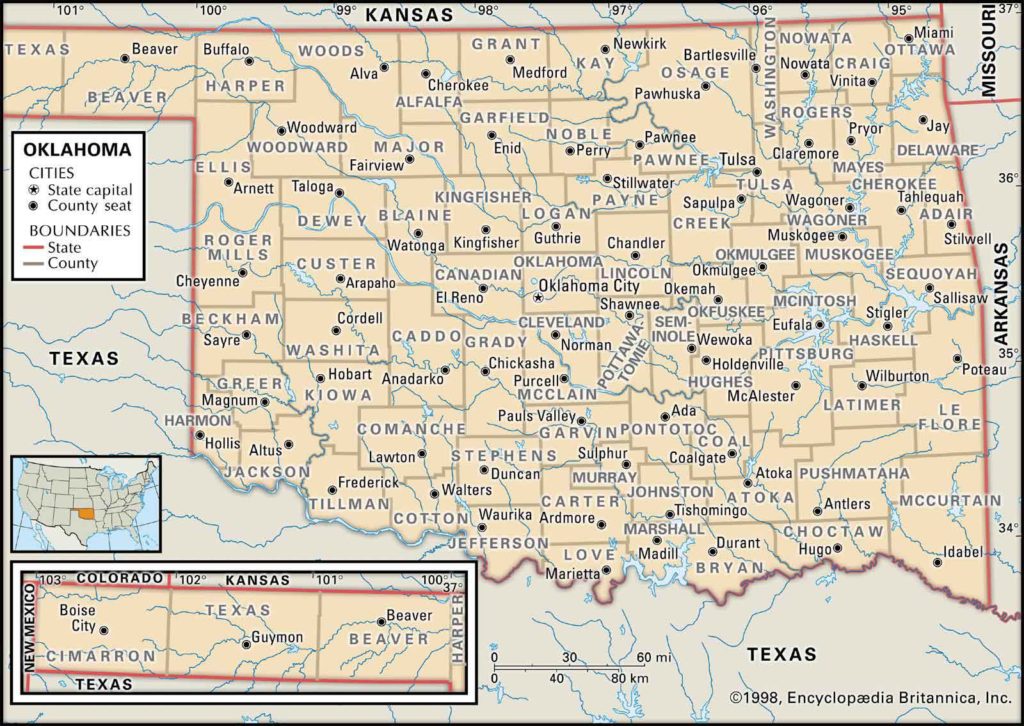 Old Historical City, County and State Maps of Oklahoma