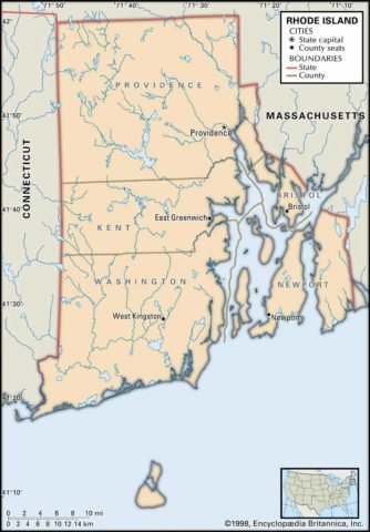 State Map of Rhode Island County Boundaries and County Seats