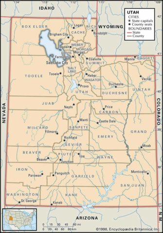 State Map of Utah County Boundaries and County Seats