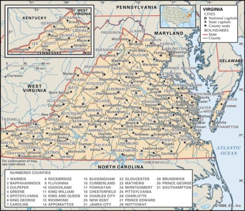 State Map of Virginia with the counties and the county seats