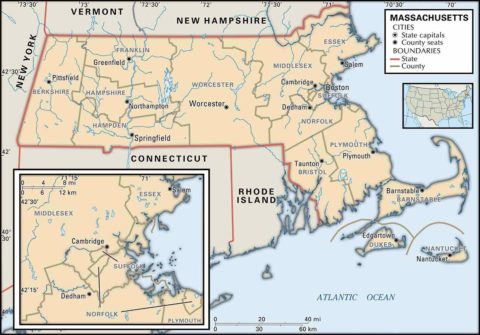 State Massachusetts County Map of Boundaries and County Seats